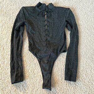 NWOT Y2K Frederick's of Hollywood Black w/ Silver Glitter Bodysuit Medium SEXY